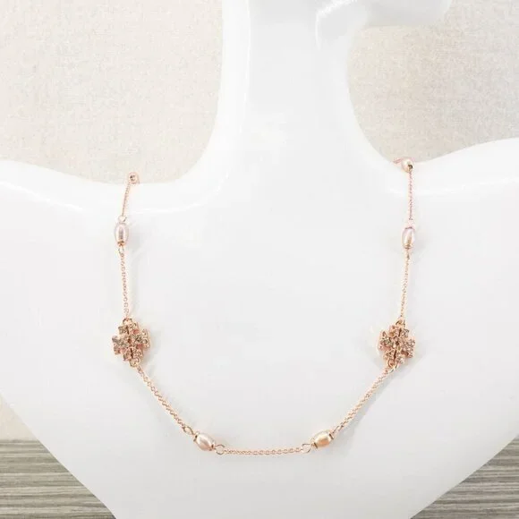 Tory Burch Gemstones and Pearl Necklace Rose Gold OS - Picture 10 of 12